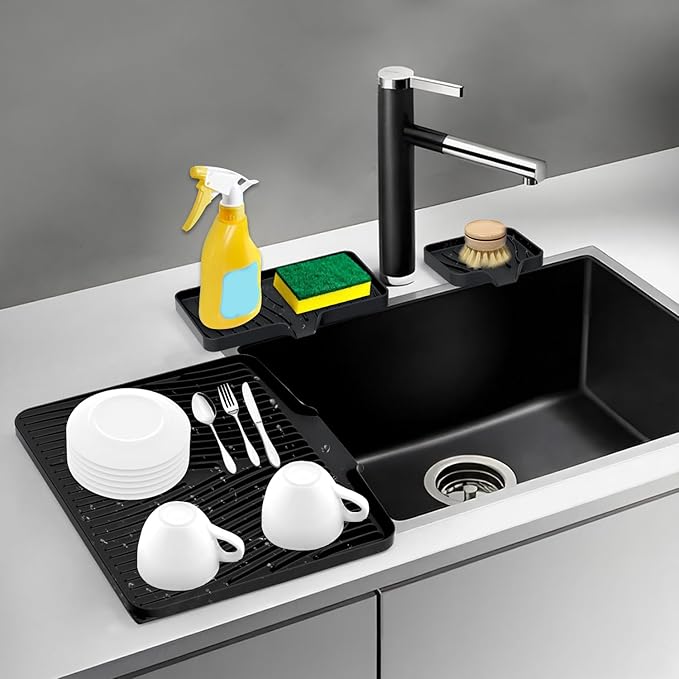 Silicone Dish Drying Mat for Kitchen Counter, Dish Drying Pad, Non-Slip Drain Pad with Built-in Drain, Heat Resistant Stone Drying Mat,Black-1Set