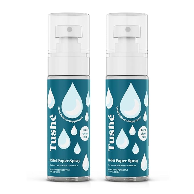 TUSHÉ Toilet Paper Spray (2-Pack) – Flushable Wet Wipe Alternative for Sensitive Skin – Unscented, Septic Safe – Aloe Vera, Witch Hazel & Vitamin E – 118ml (4 fl oz)