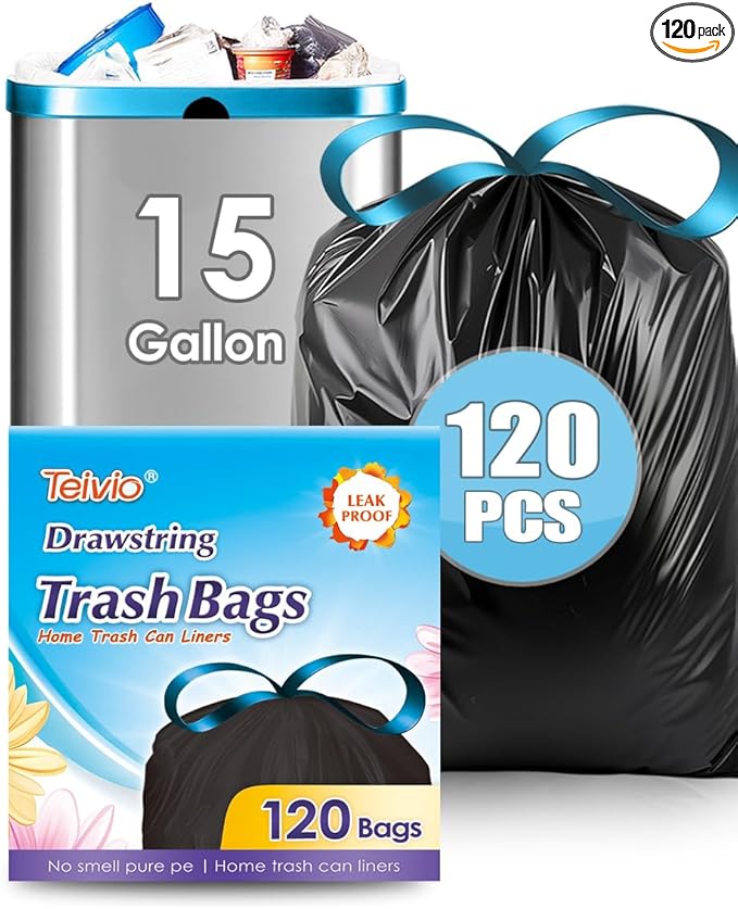 15 Gallon 120 Counts Strong Drawstring Trash Bags Garbage Bags by Teivio, Bathroom Trash Can Bin Liners, Plastic Bags for home office kitchen, Black