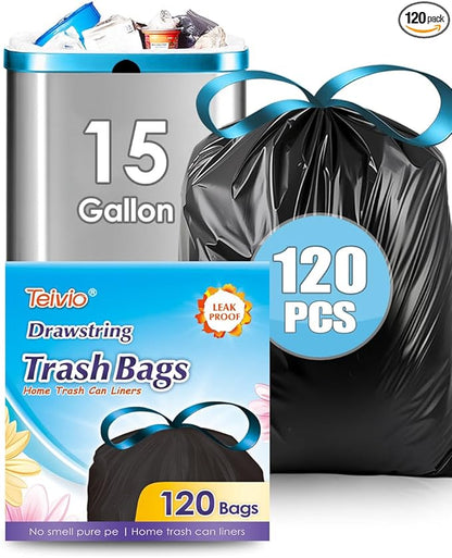 15 Gallon 120 Counts Strong Drawstring Trash Bags Garbage Bags by Teivio, Bathroom Trash Can Bin Liners, Plastic Bags for home office kitchen, Black