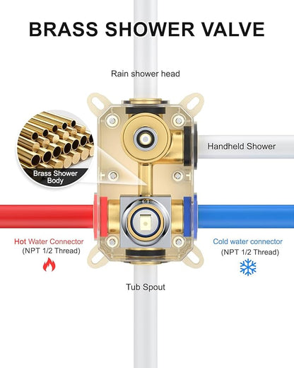Chrome Shower System with Tub Spout, Wall Mounted Bathtub Shower Faucet Set, 12" Rainfall Shower Head and Handheld Shower Combo, High Pressure Shower Fixtures Set with Rough-in Valve