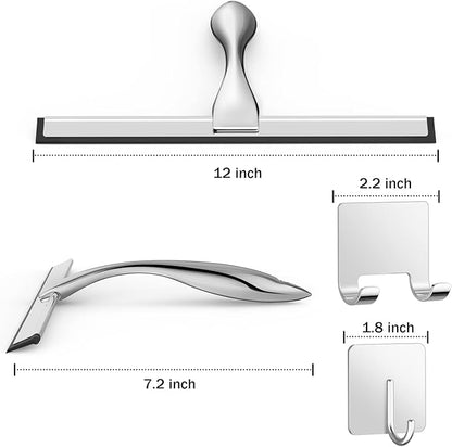 All-Purpose Stainless Steel Shower Squeegee for Shower Doors with 2 Adhesive Hooks, Bathroom Cleaner Tool Household Window Mirror Squeegee for Home Cleaning, Glass Door, Tile Wall, Car, 12 Inch Silver