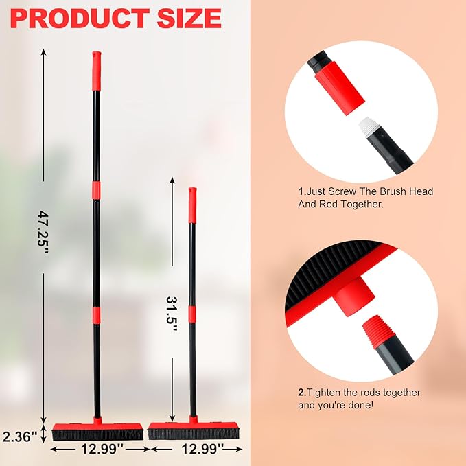 Rubber Broom for Pet Hair Removal with Squeegee, 49Inch Long Iron Handle Design, Portable Lint Remover Brush, Suitable for Carpets, Hardwood Floors and Tile Cleaning.
