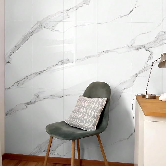 10pcs Thick Marble Peel and Stick Waterproof Wall Panels,Heat-Resistant Backsplash Tile, 23.6"x11.8" PVC Foam Wall Sticker for Kitchen,Living Rooms,TV Walls,White Gray (Not Real Tile 19.4Sq. Ft.)