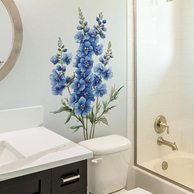 3D Wall Stickers DIY Flower Wall Decal Removable Waterproof Wall Art Decor for Bedroom Living Room Offices Home Decoration (Blue Delphinium)