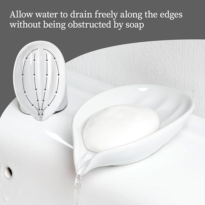 Soap Holder, Self-Draining White Soap Dish, Leaf Shape Ceramic Bar Soap Holder Drain Soap Dishes for Bathroom Sink Kitchen, Easy to Clean Keeps Soap Dry, ANTIS'S HOME