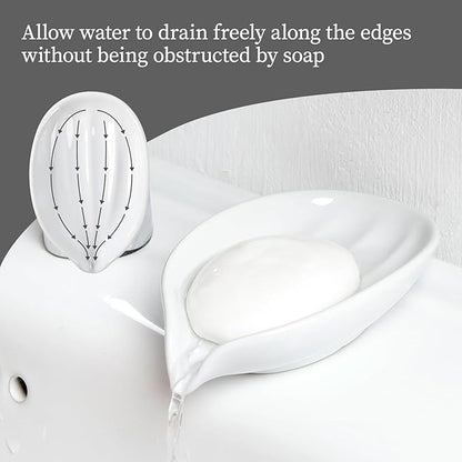 Soap Holder, Self-Draining White Soap Dish, Leaf Shape Ceramic Bar Soap Holder Drain Soap Dishes for Bathroom Sink Kitchen, Easy to Clean Keeps Soap Dry, ANTIS'S HOME