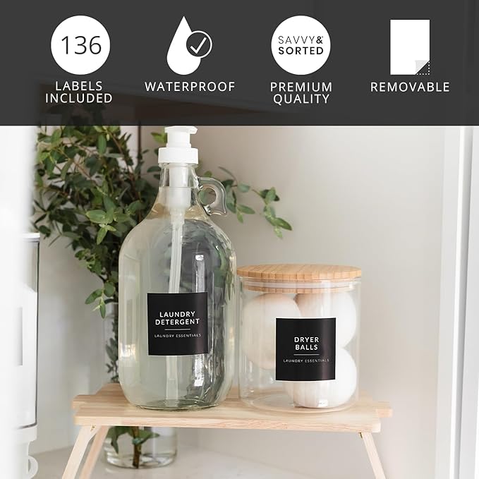 Black Laundry Labels for Jars, 136 Preprinted Home and Laundry Stickers for Storage Bins, Cleaning Jars, Bathroom Spray Bottles, Linen Closet, Household Organization