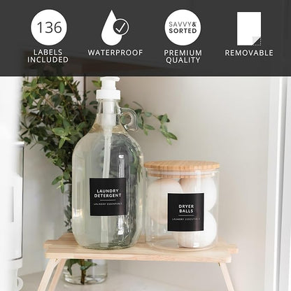 Black Laundry Labels for Jars, 136 Preprinted Home and Laundry Stickers for Storage Bins, Cleaning Jars, Bathroom Spray Bottles, Linen Closet, Household Organization