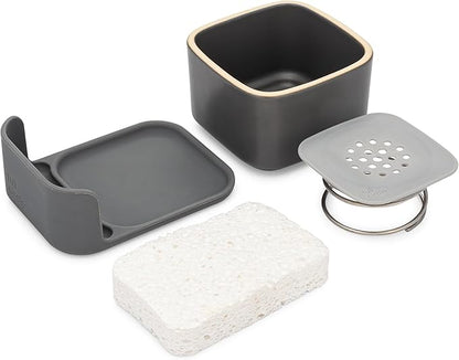 Full Circle Bubble Up Combo — Family Safe, Formaldehyde-Free – Gray Ceramic Soap Dish with Plant-Based Sponge & Bamboo Dish Brush – Versatile Kitchen Scrub Brush Set for Pots, Pans, Counter & Ovens