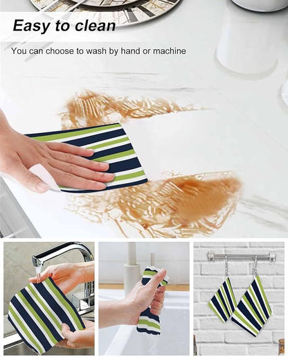 8 Pack Green Dark Kitchen Dish Cloths, Blue White Stripe Abstract Geometric Striped Dishcloths for Kitchen, Reusable Paper Towels, Super Absorbent Quick Drying Washcloths Cleaning Wipes, 6x5 inch