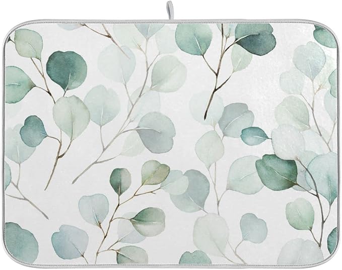 Sage Green Leaves Dish Drying Mat for Kitchen Counter Watercolor Branch Plant Drying Mat 16 x 18 Inch with High Absorbent Reversible Microfiber Dish Drying Pad Drainer Mat for Coffee Bar