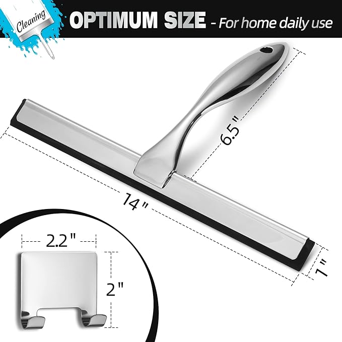 NETANY Shower Squeegee, 14-Inch Silver Squeegee, All-Purpose Stainless Steel Squeegee for Bathroom, Shower Doors, Mirrors, Tiles and Car Windows - 100% Streak Free