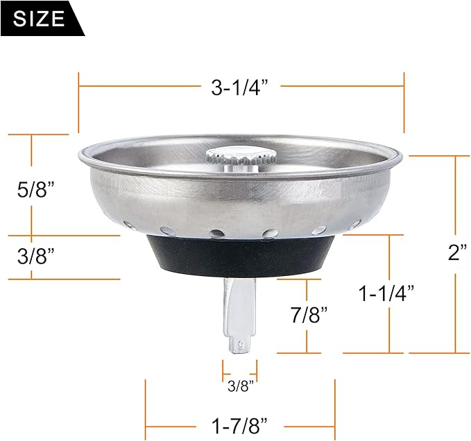 CORNERJOY 2 PCS Kitchen Sink Strainer and Stopper Combo Basket Replacement for Standard 3-1/2 inch Drain,Stainless Steel Basket with Rubber Stopper Bottom