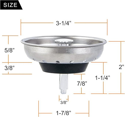 CORNERJOY 2 PCS Kitchen Sink Strainer and Stopper Combo Basket Replacement for Standard 3-1/2 inch Drain,Stainless Steel Basket with Rubber Stopper Bottom