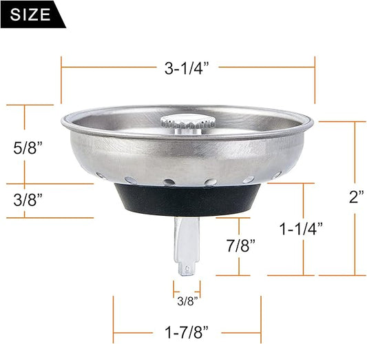 CORNERJOY 2 PCS Kitchen Sink Strainer and Stopper Combo Basket Replacement for Standard 3-1/2 inch Drain,Stainless Steel Basket with Rubber Stopper Bottom