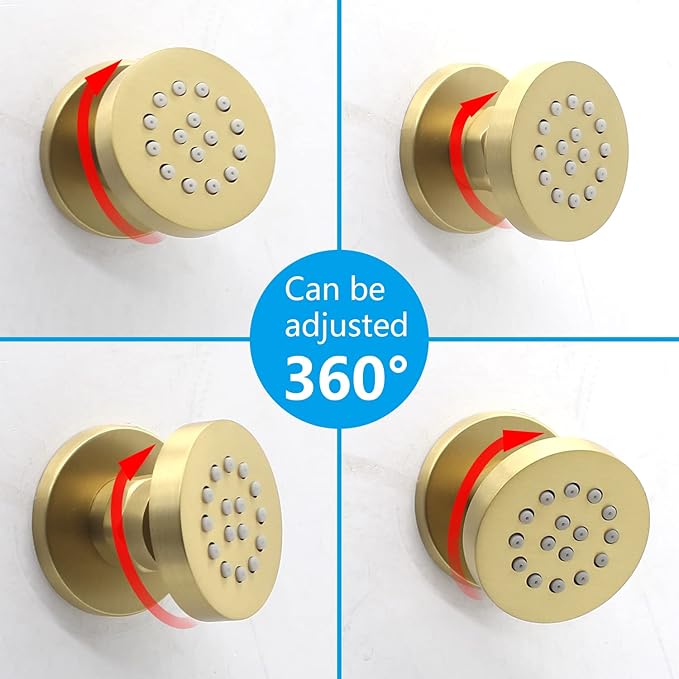 Brass Round Shower Body Spray Jets 6 Pack, HOMEDEC Spa Massage Nozzle 2inch Rain Showerhead Wall Mount Rainfall Shower Head Sprayer, Brushed Gold