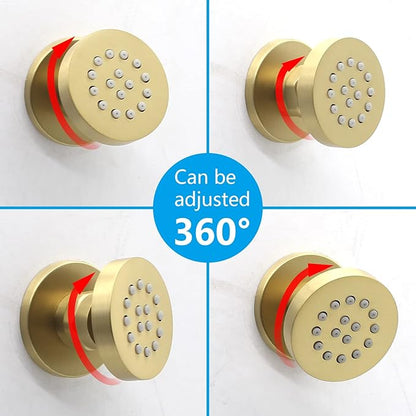 Brass Round Shower Body Spray Jets 6 Pack, HOMEDEC Spa Massage Nozzle 2inch Rain Showerhead Wall Mount Rainfall Shower Head Sprayer, Brushed Gold