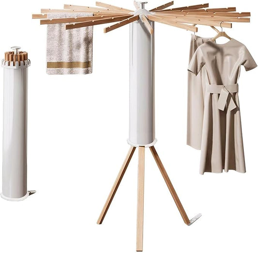 Tripod Clothes Drying Rack - Foldable Laundry Drying Rack - Household Floor Standing Clothes Drying Racks with 16 Wooden Drying arms for Balconies, Laundry, Bedrooms