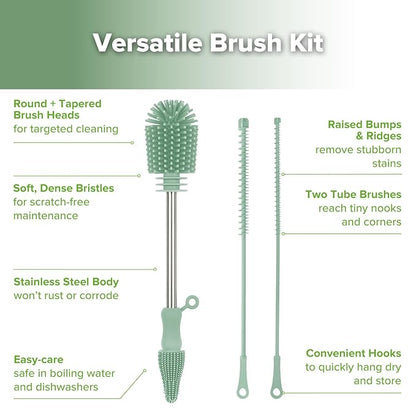 haakaa Silicone Cleaning Brush Kit - Baby Bottle Brush Cleaner for Breast Pump,Nipple,Breast Milk Storage Bag,Reusable Straw,Sippy Cup - Food Grade Silicone Bristles, Portable - 3 Pcs - Pea Green