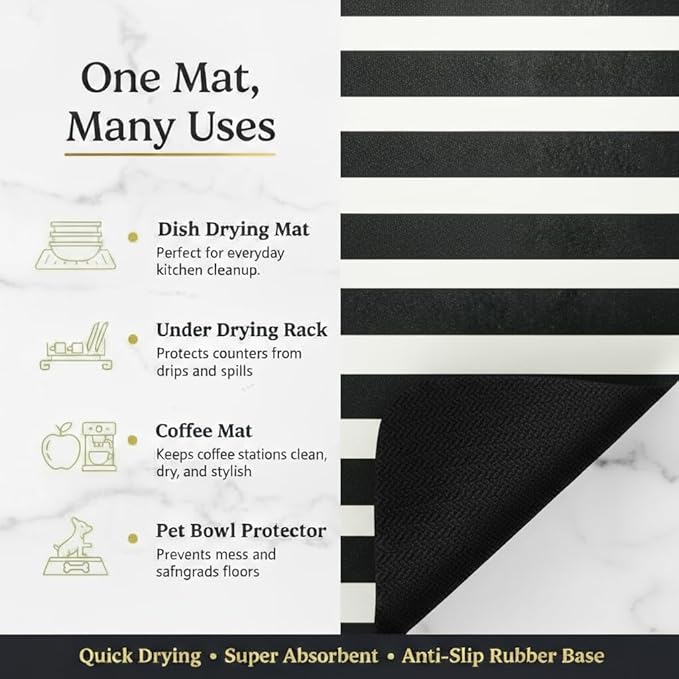 Dish Drying Mat Super Absorbent – 16" x 18" Coffee Mat for Countertops – Non-Slip Drying Mat for Kitchen Counter – Easy to Clean Water Absorbent Mat – Large Dish Drying Mats (Zebra)