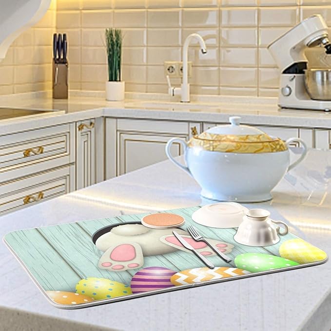 Happy Easter Eggs Bunny Tail Dish Drying Mat 16x18 for Kitchen Easter Day Rabbit Flowers Dishes Pad Dish Drainer Rack Mats Absorbent Fast Dry Kitchen Accessories
