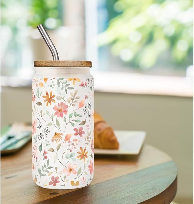 Floral Iced Glass Cups with Bamboo Lids and Straws 16oz Wildflower Coffee Cup Gift for Women Cute Flower Drinking Glass with Cleaning Brushes Gifts for Mother Birthday Bridesmaid Party