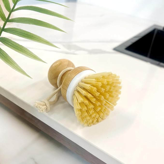 Kitchen Dish Brush, Natural Bamboo Dishwashing Scrubber for Cleaning Dishes, Pots, and Pans with Hanging Rope