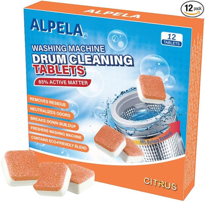 Citrus Washer Cleaner Tablets 12 Count – Septic Safe Washing Machine Cleaner & Odor Eliminator – Deep Cleaning Descaler for HE Front & Top Load Washers – Laundry Tub & Drum Cleaner