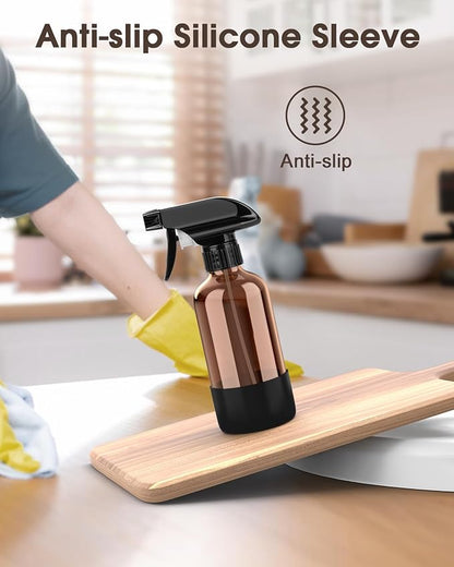 Bontip Glass Spray Bottle with Silicone Sleeve Protection, Amber Glass Spray Bottle Set for Window Cleaner Aromatherapy Facial Hydration Watering Flowers Hair Care 2 Pack/8 oz (Black & Orange)