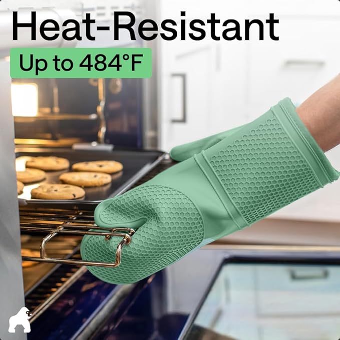 GORILLA GRIP BPA-Free Soft Silicone Oven Mitts, 14.5x8.3, Heat Resistant and Waterproof Cooking Gloves, Thick Cotton Lining, Flexible Gripping for Baking Grilling, Kitchen Potholders Set of 2, Mint