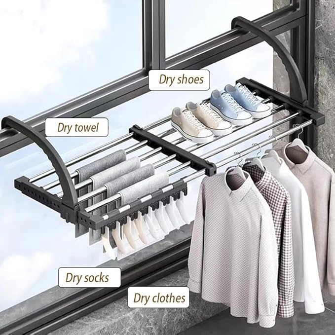 Portable Clothes Drying Rack for Balcony Railings Windowsill, Folding Towel Rack Indoor Outdoor Retractable Laundry Rack with Sock Clips for Drying Socks