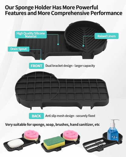 Upgraded 2-in-1 Silicone Sponge & Soap Holder with Extra Tray, Auto-Drain Organizer for Kitchen & Bathroom Sink, Compatible with Scrub Daddy Sponges, Holds Soap, Dish Soap Dispenser