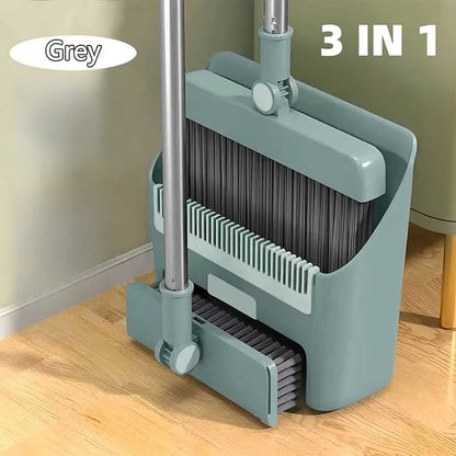 3 in 1 Broom and Dustpan Set with Adjustable Push Broom with 48.8“ Long Handle for Floor Sweeping Outdoor Indoor Sweeping Combo for Home & Kitchen (Green)