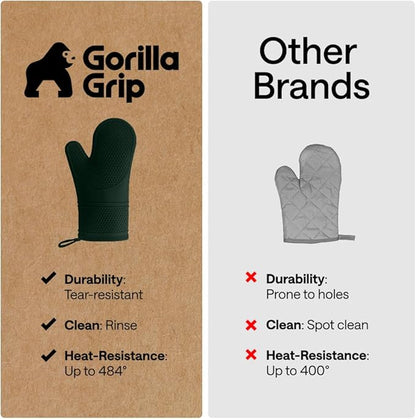 GORILLA GRIP BPA-Free Soft Silicone Oven Mitts, Heat Resistant and Waterproof Cooking Gloves, Thick Cotton Lining, Flexible Gripping for Baking Grilling, Kitchen Potholders Set, 12.5x8.3, Hunter Green