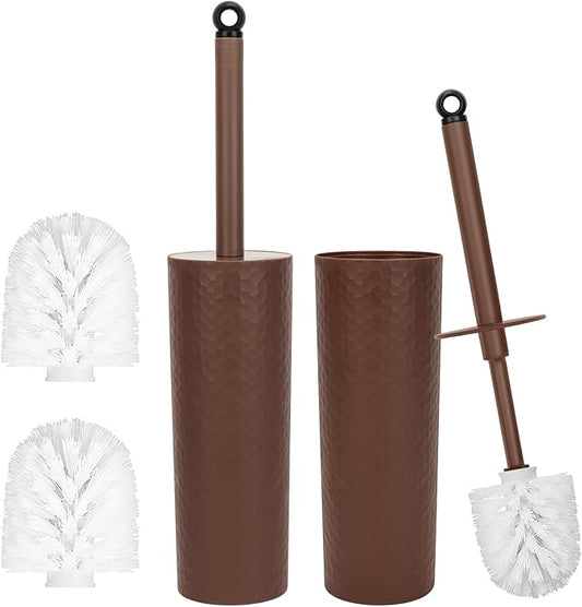 Topsky Toilet Brush,2 Pack Compact Toilet Brush & Holder Set,Plastic Round Barrel Loo Brush with 2 Replacement Toilet Brush Head,Durable for Bathroom Toilet,Brown