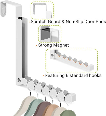 2-Pack Foldable Over-The-Door Hooks, Travel Portable Clothes Drying Rack, 6-Hook Space Saver for Clothing, Coats, Bags, Laundry Room, Bedroom, Bathroom, Entryway, Dorm - White