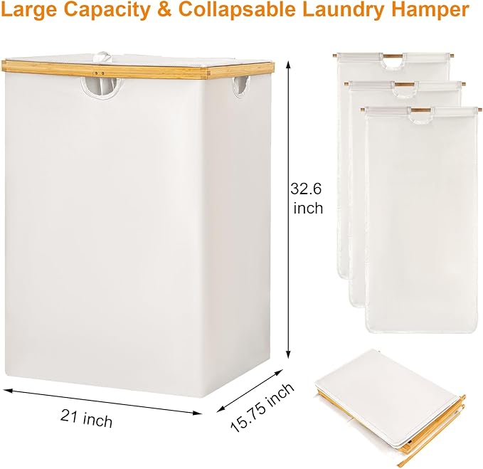 WOWLIVE 180L Laundry Hamper 3 Section, Bamboo Laundry Basket with lid, Extra Large Dirty Clothes Hamper with Removable Linner Bags, Laundry Bin Organizer Storage for Dorm Bedroom Bathroom, Beige