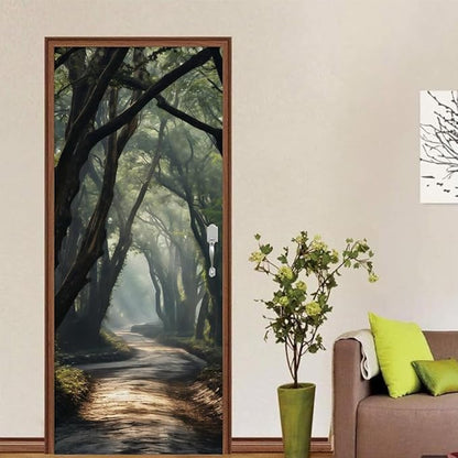 REDAMANCY Sunshine Green Forest Tree Pathway Peel and Stick Door Stickers Vinyl 3D Door Mural Decals Decor Wallpaper Self-Adhesive, Waterproof, Removable