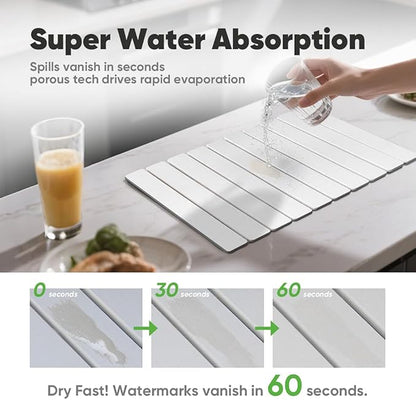 Stone Dish Drying Mat for Kitchen Counter - 24" x 16" Ultra Absorbent Diatomaceous Earth Mat, Fast Drying & Foldable Countertop Protector, Non-Slip Eco-Friendly Stone Mat for Dishes