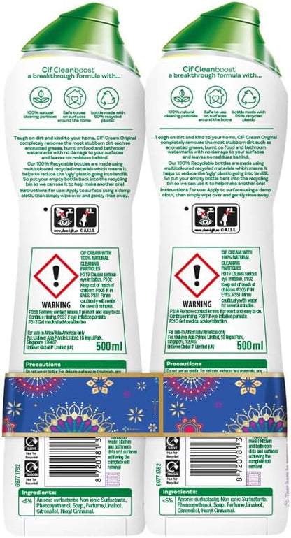 Cif Original Multipurpose Surface Cleaner Cream for Kitchen & Bathroom, Ocean Breeze Scent, 100% Dirt Removal with Natural Cleaning Particles, 2x500ml