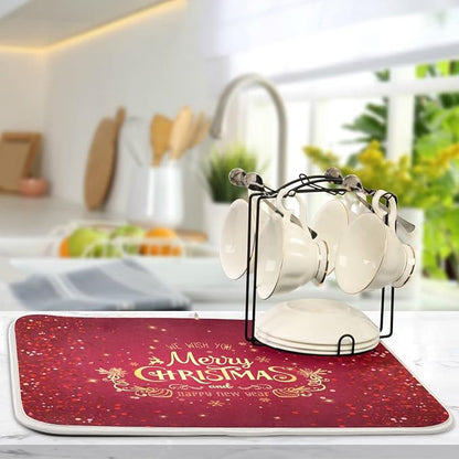 Merry Christmas Drying Mat for Kitchen Counter 16x18 Inch Christmas Dish Mat with Absorbent Reversible Microfiber Christmas Dish Drying Mat Dish Drainer Rack Pad Drainer Mat for Coffee Bar