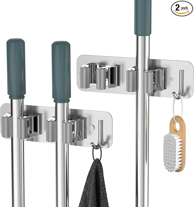 homeasy Wall Mount Mop and Broom Holder, Heavy Duty Stainless Steel Organizer Rack with Hooks | 2-Pack, 2-in-1 No Drill & Screw Installation, Silver
