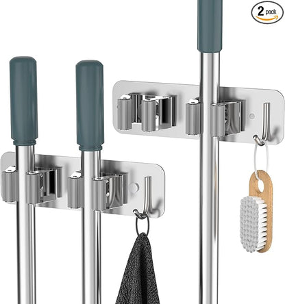 homeasy Wall Mount Mop and Broom Holder, Heavy Duty Stainless Steel Organizer Rack with Hooks | 2-Pack, 2-in-1 No Drill & Screw Installation, Silver