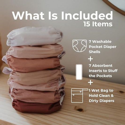 Nora's Nursery Cloth Diapers 7 Pack with 7 Inserts & 1 Wet Bag - Waterproof Cover, Washable, Reusable & One Size Adjustable Pocket Diapers for Newborns and Toddlers - Ballet Slippers