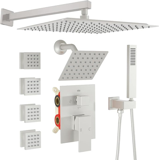 Enga Dual Shower Head System with Body Jets, 12"+ 6" Wall Mounted Dual Rain Shower Faucet with Valve Kit, Brushed Nickel