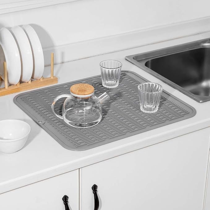 MicoYang Silicone Dish Drying Mat for Multiple Usage,Easy clean,Eco-friendly,Heat-resistant Silicone Mat for Kitchen Counter or Sink,Refrigerator or Drawer Liner Grey XL 18 inches x 16 inches