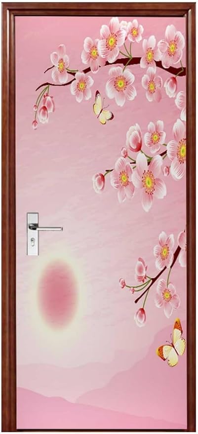 A.Monamour 3D Door Stickers for Interior Doors Cherry Blossom and Butterfly on Pink Background Vinyl Waterproof Self Adhesive Door Mural Decals for Bedroom Office Bathroom 85x200cm