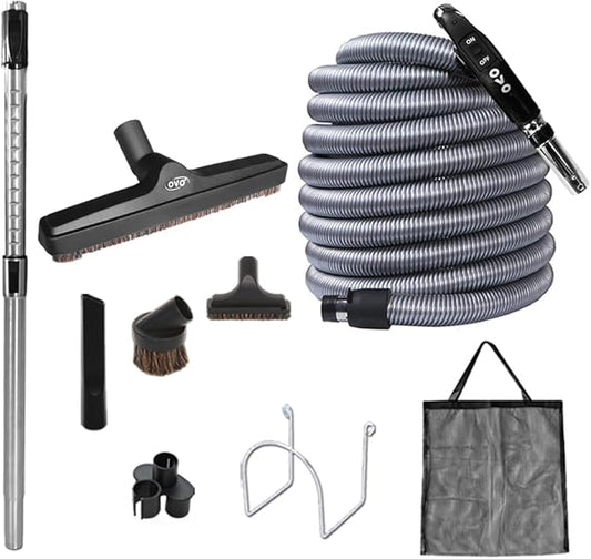 Ovo Central Vacuum Deluxe Plus Accessories Kit, With 40ft Low-Voltage hose, ON/OFF Control at the handle, 12’’ floor brush and accessories, For hard surfaces