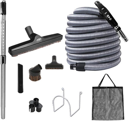 Ovo Central Vacuum Deluxe Plus Accessories Kit, With 30ft Low-Voltage hose, ON/OFF Control at the handle, 12’’ floor brush and accessories, For hard surfaces